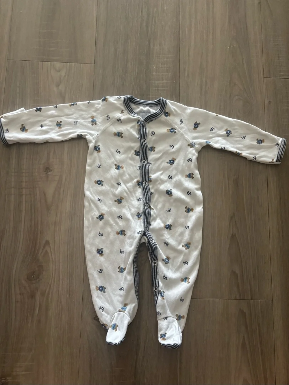 Ralph Lauren 3m White & Blue Printed Footed One-Piece for Kids
